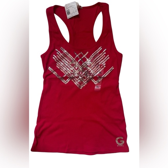 G by guess ribbed tank top featuring silver & gunmetal sequins logo left corner - Picture 1 of 5